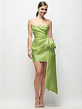 Alt View 1 Thumbnail - Mojito Strapless Pleated Draped Satin Mini Dress with Dramatic Long Tail Bow & Covered Buttons