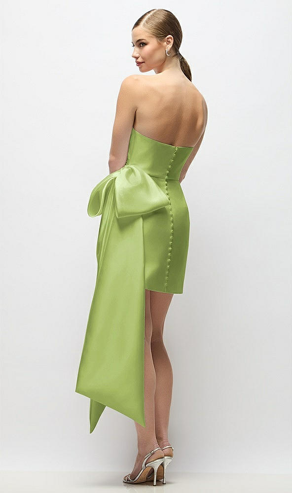 Back View - Mojito Strapless Pleated Draped Satin Mini Dress with Dramatic Long Tail Bow & Covered Buttons