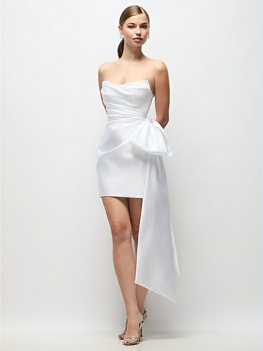 Strapless Pleated Draped Satin Mini Dress with Dramatic Long Tail Bow & Covered Buttons