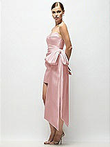 Side View Thumbnail - Ballet Pink Strapless Pleated Draped Satin Mini Dress with Dramatic Long Tail Bow & Covered Buttons