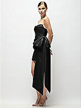 Side View Thumbnail - Black Strapless Pleated Draped Satin Mini Dress with Dramatic Long Tail Bow & Covered Buttons