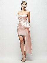 Front View Thumbnail - Blush Strapless Pleated Draped Satin Mini Dress with Dramatic Long Tail Bow & Covered Buttons