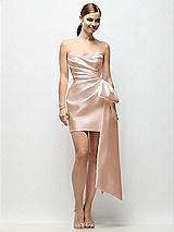 Alt View 1 Thumbnail - Cameo Strapless Pleated Draped Satin Mini Dress with Dramatic Long Tail Bow & Covered Buttons