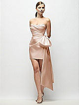 Front View Thumbnail - Cameo Strapless Pleated Draped Satin Mini Dress with Dramatic Long Tail Bow & Covered Buttons
