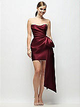 Alt View 1 Thumbnail - Cabernet Strapless Pleated Draped Satin Mini Dress with Dramatic Long Tail Bow & Covered Buttons