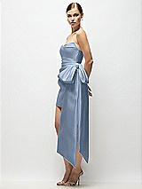 Side View Thumbnail - Cloudy Strapless Pleated Draped Satin Mini Dress with Dramatic Long Tail Bow & Covered Buttons
