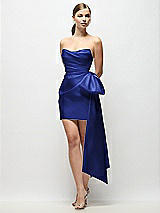Front View Thumbnail - Cobalt Blue Strapless Pleated Draped Satin Mini Dress with Dramatic Long Tail Bow & Covered Buttons