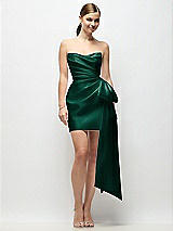 Alt View 1 Thumbnail - Hunter Green Strapless Pleated Draped Satin Mini Dress with Dramatic Long Tail Bow & Covered Buttons