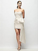 Front View Thumbnail - Ivory Strapless Pleated Draped Satin Mini Dress with Dramatic Long Tail Bow & Covered Buttons