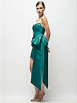 Side View Thumbnail - Jade Strapless Pleated Draped Satin Mini Dress with Dramatic Long Tail Bow & Covered Buttons