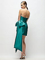 Rear View Thumbnail - Jade Strapless Pleated Draped Satin Mini Dress with Dramatic Long Tail Bow & Covered Buttons