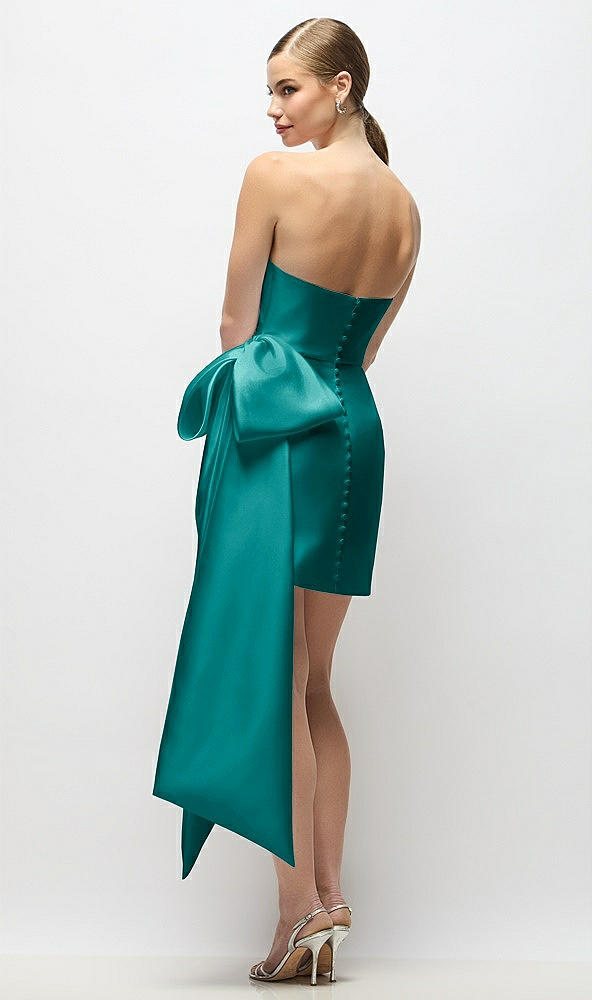 Back View - Jade Strapless Pleated Draped Satin Mini Dress with Dramatic Long Tail Bow & Covered Buttons