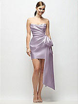 Alt View 1 Thumbnail - Lilac Haze Strapless Pleated Draped Satin Mini Dress with Dramatic Long Tail Bow & Covered Buttons