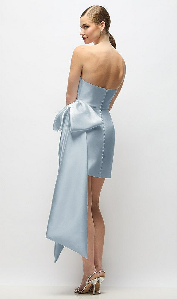 Back View - Mist Strapless Pleated Draped Satin Mini Dress with Dramatic Long Tail Bow & Covered Buttons