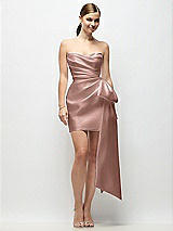 Alt View 1 Thumbnail - Neu Nude Strapless Pleated Draped Satin Mini Dress with Dramatic Long Tail Bow & Covered Buttons