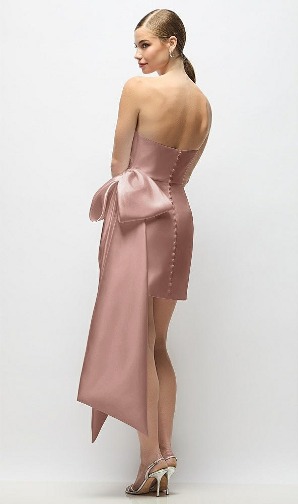 Back View - Neu Nude Strapless Pleated Draped Satin Mini Dress with Dramatic Long Tail Bow & Covered Buttons
