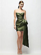 Alt View 1 Thumbnail - Olive Green Strapless Pleated Draped Satin Mini Dress with Dramatic Long Tail Bow & Covered Buttons