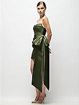 Side View Thumbnail - Olive Green Strapless Pleated Draped Satin Mini Dress with Dramatic Long Tail Bow & Covered Buttons
