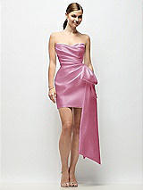 Alt View 1 Thumbnail - Powder Pink Strapless Pleated Draped Satin Mini Dress with Dramatic Long Tail Bow & Covered Buttons