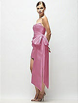 Side View Thumbnail - Powder Pink Strapless Pleated Draped Satin Mini Dress with Dramatic Long Tail Bow & Covered Buttons