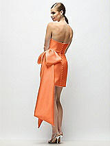 Rear View Thumbnail - Portofino Orange Strapless Pleated Draped Satin Mini Dress with Dramatic Long Tail Bow & Covered Buttons