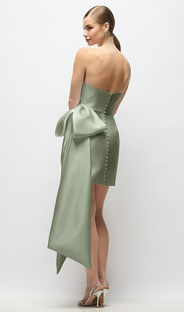 Back View - Sage Strapless Pleated Draped Satin Mini Dress with Dramatic Long Tail Bow & Covered Buttons