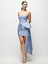Front View Thumbnail - Sky Blue Strapless Pleated Draped Satin Mini Dress with Dramatic Long Tail Bow & Covered Buttons
