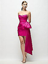 Front View Thumbnail - Think Pink Strapless Pleated Draped Satin Mini Dress with Dramatic Long Tail Bow & Covered Buttons