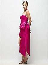 Side View Thumbnail - Think Pink Strapless Pleated Draped Satin Mini Dress with Dramatic Long Tail Bow & Covered Buttons