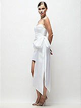Side View Thumbnail - White Strapless Pleated Draped Satin Mini Dress with Dramatic Long Tail Bow & Covered Buttons