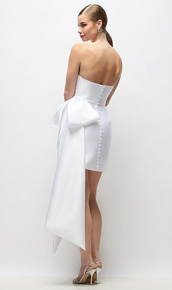 Back View - White Strapless Pleated Draped Satin Mini Dress with Dramatic Long Tail Bow & Covered Buttons