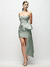 Front View Thumbnail - Willow Green Strapless Pleated Draped Satin Mini Dress with Dramatic Long Tail Bow & Covered Buttons