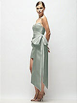 Side View Thumbnail - Willow Green Strapless Pleated Draped Satin Mini Dress with Dramatic Long Tail Bow & Covered Buttons