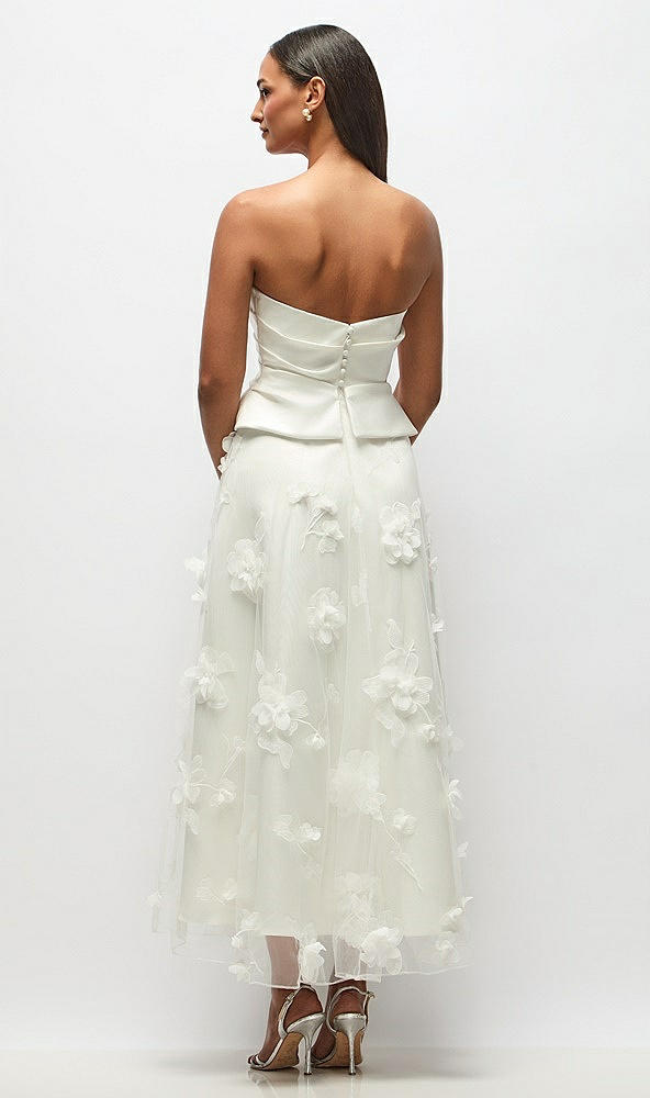 Back View - Ivory Strapless Little White Dress with Drop Waist Satin Corset Over Floral Tulle Midi Skirt