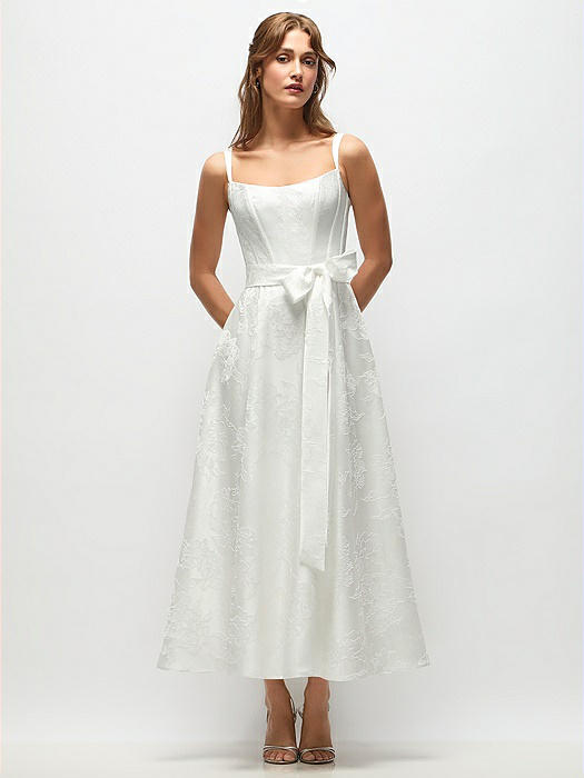 Shaped Strap Boned Corset Embossed Floral Jacquard Bride Dress with Full Midi Skirt & Sash