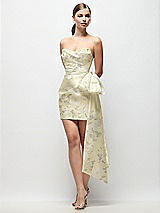Front View Thumbnail - Butter Yellow Floral Strapless Pleated Draped Floral Satin Mini Dress with Dramatic Long Tail Bow & Covered Buttons