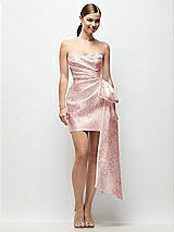 Alt View 1 Thumbnail - Bow And Blossom Print Strapless Pleated Draped Floral Satin Mini Dress with Dramatic Long Tail Bow & Covered Buttons