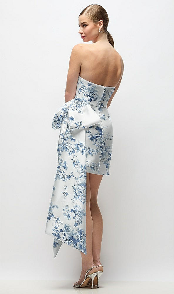 Back View - Cottage Rose Larkspur Strapless Pleated Draped Floral Satin Mini Dress with Dramatic Long Tail Bow & Covered Buttons