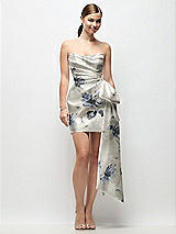 Alt View 1 Thumbnail - Inkwash Blue Floral Strapless Pleated Draped Floral Satin Mini Dress with Dramatic Long Tail Bow & Covered Buttons