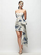 Front View Thumbnail - Inkwash Blue Floral Strapless Pleated Draped Floral Satin Mini Dress with Dramatic Long Tail Bow & Covered Buttons