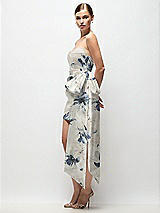 Side View Thumbnail - Inkwash Blue Floral Strapless Pleated Draped Floral Satin Mini Dress with Dramatic Long Tail Bow & Covered Buttons
