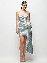 Alt View 1 Thumbnail - Porcelain Blue Seraphina Floral Strapless Pleated Draped Floral Satin Mini Dress with Dramatic Long Tail Bow & Covered Buttons