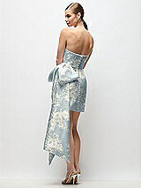 Rear View Thumbnail - Porcelain Blue Seraphina Floral Strapless Pleated Draped Floral Satin Mini Dress with Dramatic Long Tail Bow & Covered Buttons