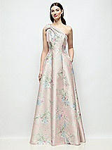 Front View Thumbnail - Esme Floral Bow One-Shoulder Full A-Line Esme Floral Satin Maxi Dress