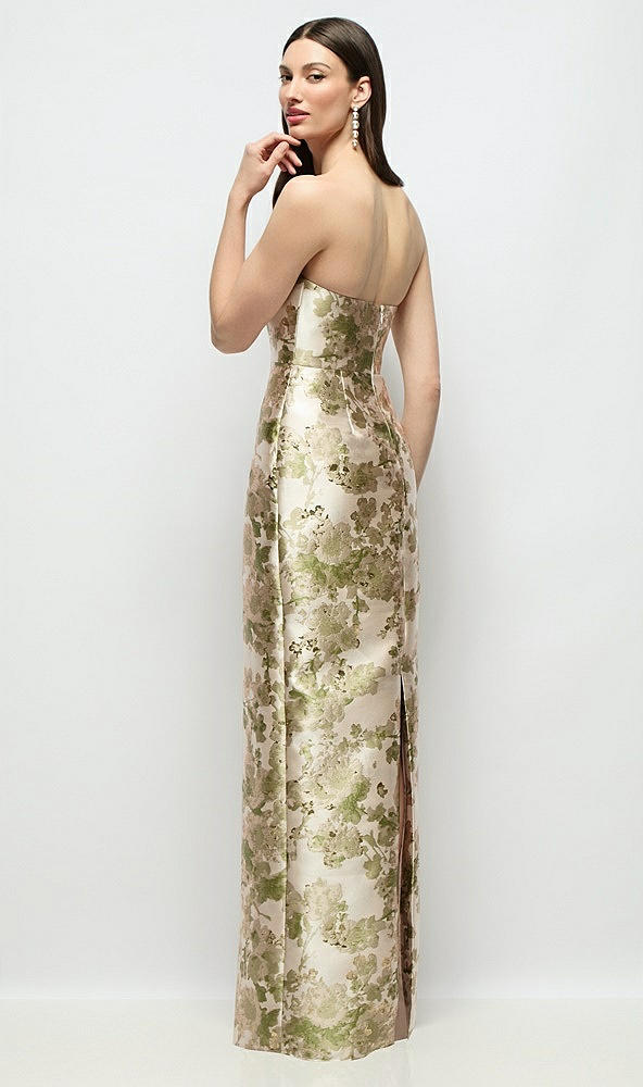 Back View - Peridot Blush Strapless Abstract Floral Jacquard Column Dress with Back Slit