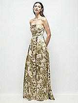 Side View Thumbnail - Peridot Blush Strapless Pleated Bodice Abstract Floral Jacquard Maxi Dress with Full Skirt
