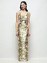 Front View Thumbnail - Peridot Blush Scoop Neck Abstract Floral Jacquard Column Maxi Dress with Bow Empire Waist