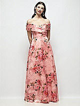 Front View Thumbnail - Guava Floral Print Off-Shoulder Wrap Organza Jacquard Floral Maxi Dress with Full Skirt