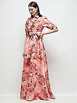 Front View Thumbnail - Guava Floral Print Floral Organza Jacquard Shirt Dress with Full Maxi Skirt & Sash