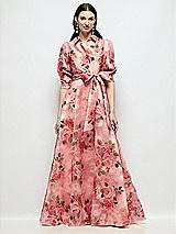 Side View Thumbnail - Guava Floral Print Floral Organza Jacquard Shirt Dress with Full Maxi Skirt & Sash
